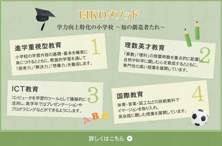 1.進学重視教育　2.アフタースクールプログラム　3.早期英語教育システム　4.国際理解教育プログラム　5.サッカー育成プログラム（男・女）　6.情操教育プログラム　7.いじめ・暴力ゼロ宣言